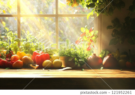 fresh vegetables and fruits on a wooden surface near the window 121952261