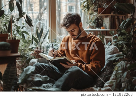 A man writes in a journal in a cozy, bright room with plants A man writes in a journal in a cozy, bright room with plants 121952263
