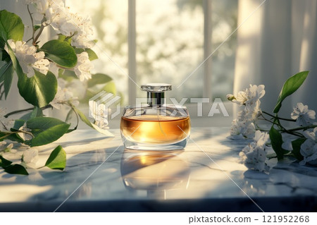 a bottle of perfume standing on a marble surface with flowers and leaves around it 121952268