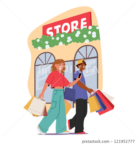 Diverse teenagers enjoying shopping together walking on city street with fashion store buildings 121952777