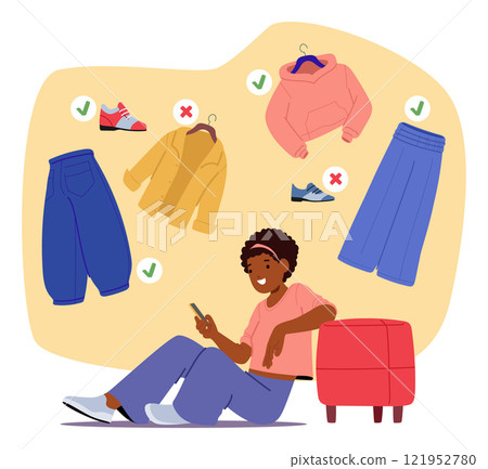 Teenage girl shopaholic cartoon character searching trendy apparel using online store services 121952780