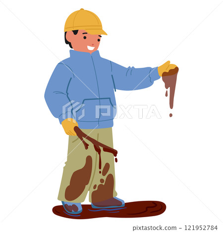 Happy little dirty boy child cartoon character of preschool age playing in mud puddle outdoors 121952784