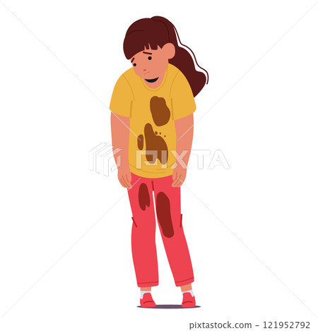 Sorrowful preschool girl child cartoon character wearing stained clothes looking sad and shame 121952792