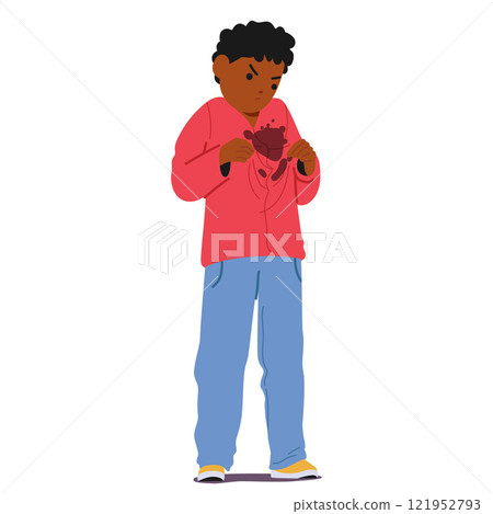 Irritated little boy child cartoon character feeling dissatisfied with dirt stain on his clothes Irritated little boy child cartoon character feeling dissatisfied with dirt stain on his clothes 121952793