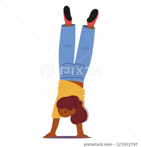 Cute strong girl child cartoon character performing handstand balance upside down gymnastic trick Cute strong girl child cartoon character performing handstand balance upside down gymnastic trick 121952797
