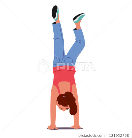 Girl child cartoon character balancing body holding hand upside down pose isolated on white Girl child cartoon character balancing body holding hand upside down pose isolated on white 121952798