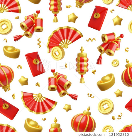 Chinese Happy New Year festive seamless pattern vector 3D design, golden coins and ingot, red fan, Asian lucky symbols Chinese Happy New Year festive seamless pattern vector 3D design, golden coins and ingot, red fan, Asian lucky symbols 121952810