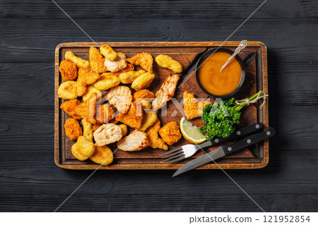fried chunks, bites, tenders, nuggets on a plate fried chunks, bites, tenders, nuggets on a plate 121952854