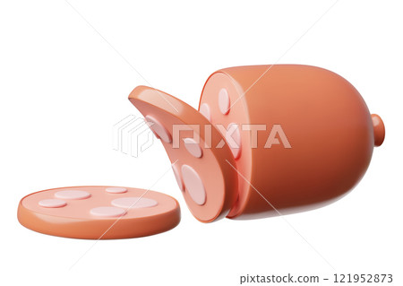 Sausage and slices 3D plastic style vector icon, fresh prepared meat food product, boiled sausage rings with meat, lard Sausage and slices 3D plastic style vector icon, fresh prepared meat food product, boiled sausage rings with meat, lard 121952873