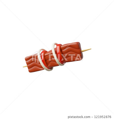 Kebab, shashlik with vegetables on wooden skewer 3D plastic style vector icon, fast food barbeque and BBQ fillet roasted 121952876