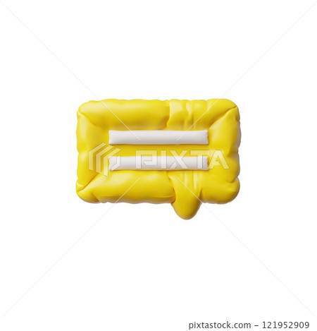 3D glossy yellow inflated balloon speech bubble with lines vector icon, volume rectangle text bubble, chat message cloud 121952909