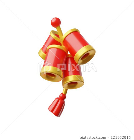 Chinese red firecrackers hanging on a rope with tassel 3D icon, traditional Lunar new year petard crackers in bundle 121952915