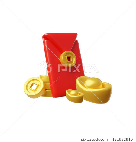 Chinese golden ingot and coins, red envelope 3D vector render composition, Asian traditional lucky fortune symbols Chinese golden ingot and coins, red envelope 3D vector render composition, Asian traditional lucky fortune symbols 121952919