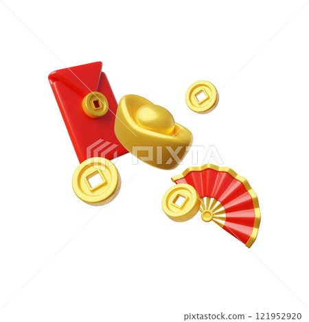 Chinese golden ingot, coins, red fan and envelope 3D plastic style vector composition, Asian traditional lucky symbols Chinese golden ingot, coins, red fan and envelope 3D plastic style vector composition, Asian traditional lucky symbols 121952920