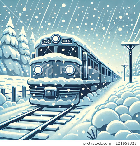 【冬季列車在雪中行駛的插畫】描繪冬季風景和鐵路的經典設計素材 121953325