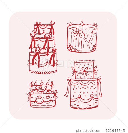 Whimsical wedding cherry cake set. Rococo vector illustration 121953345