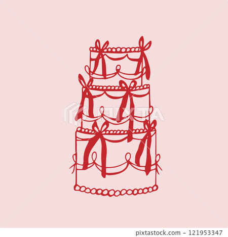 Whimsical wedding cherry cake. Doodle vector illustration 121953347
