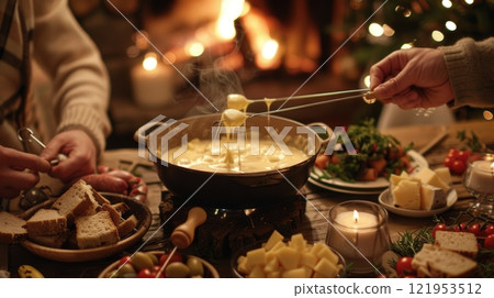 Scene of a cozy cheese fondue party 121953512