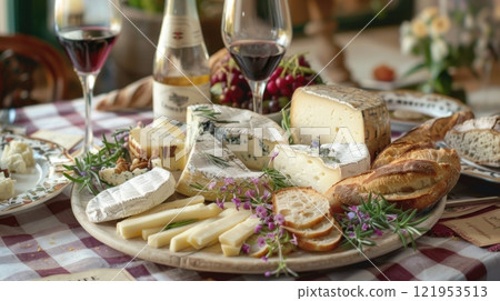 Scene of an elegant cheese board featuring a variety of artisan cheeses 121953513