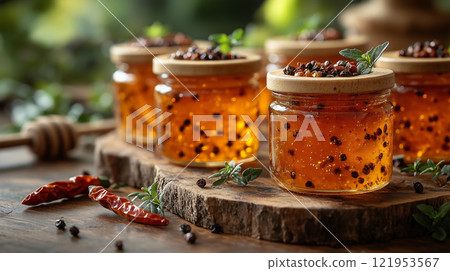 A close-up of a glass jar filled with golden honey, infused with red chili peppers. 121953567
