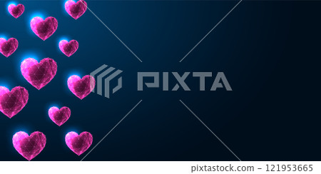 Valentines Day digital web banner with glowing polygonal pink hearts floating on dark blue backdrop 121953665