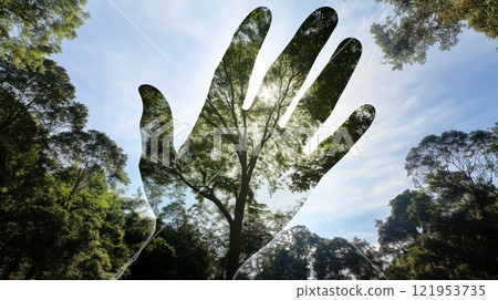 Double exposure silhouette hand over lush green trees. Nature connection concept featuring. International Day of Forests. Double exposure silhouette hand over lush green trees. Nature connection concept featuring. International Day of Forests. 121953735