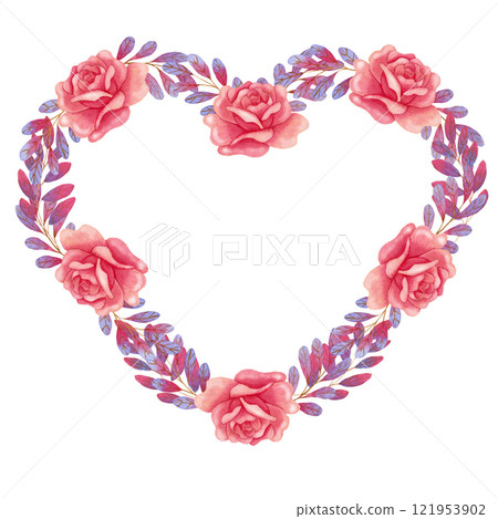 Watercolor heart-shaped frame with pink roses and violet rose brunches.  121953902