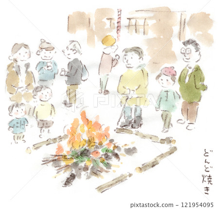 一幅水彩插圖，描繪了 1 月份舉行的當地活動 Dondoyaki（左義町，Tondo）燃燒的場景。 121954095