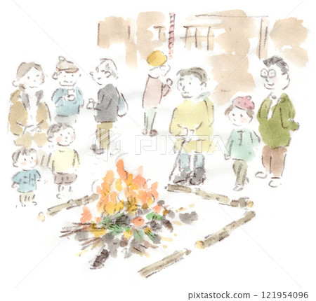 Watercolor illustration of the burning scene of Dondo Yaki (Sagicho, Tondo), a local event in January Watercolor illustration of the burning scene of Dondo Yaki (Sagicho, Tondo), a local event in January 121954096