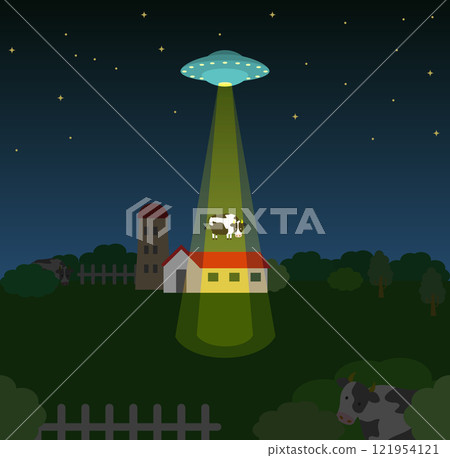 Vector illustration of a cow being taken away by a UFO that appeared on a farm 121954121