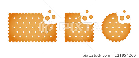 Set of bitten crackers with crumbs. Sweet or salty biscuit cookies in rectangle, square and round shapes. Crunchy snacks isolated on white background. Vector cartoon illustration 121954269