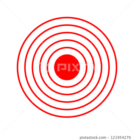 Red concentric circles with dot in center. Target, aim, goal concept. Pain localization, sore or inflammation symbol. Pulse or headache sign. Sound, radar or sonar wave pictogram. Vector illustration 121954270