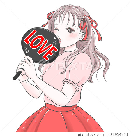 A young woman, Red, enjoying her favorite activities while holding a LOVE fan A young woman, Red, enjoying her favorite activities while holding a LOVE fan 121954343