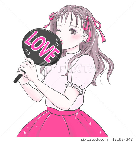 A young woman holding a LOVE fan and enjoying her favorite activities (pink) 121954348