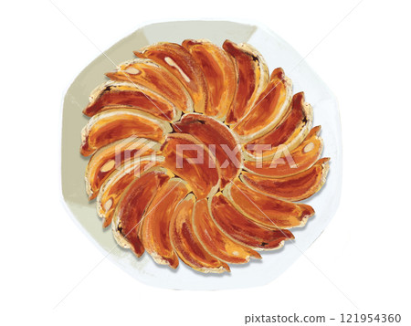 Fried dumplings (20 pieces) on an octagonal plate, top view 121954360