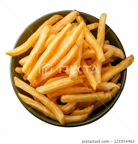 Golden Brown French Fries Isolated on a Transparent Background, Highlighting Their Crunchy Texture and Classic Snack Appeal 121954462