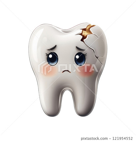 Sad kawaii style cartoon broken sick tooth, isolated on transparent background, perfect for dental health awareness, children's education, and creative illustrations 121954552