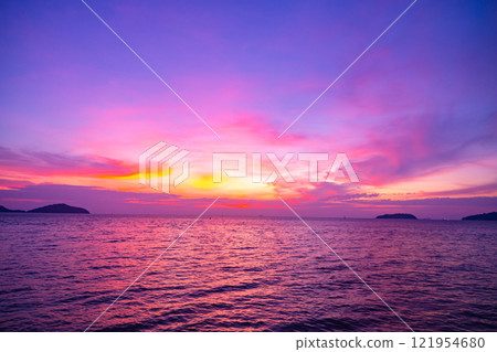 Beautiful clouds in sunset or sunrise over sea,Colorful scenery sunset sky, Amazing clouds wonderful light sky background 121954680