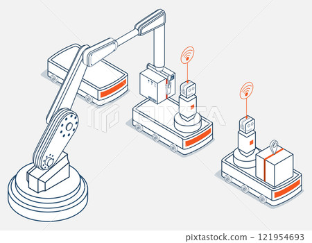The Robot arm picks up the box to Autonomous Robot transportation in warehouses, Automation Industry 4.0 concept. The Robot arm picks up the box to Autonomous Robot transportation in warehouses, Automation Industry 4.0 concept. 121954693