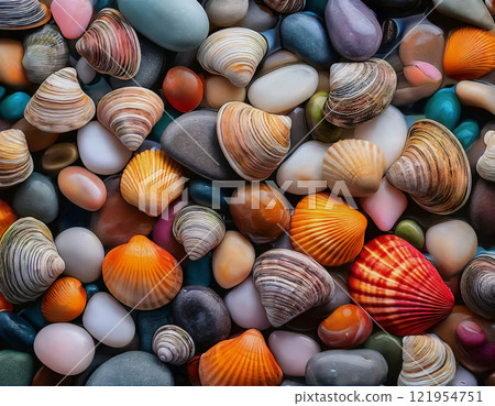 Colorful river stones and seashell fragments as a natural textured background, ideal for design, decoration, beach-inspired projects, and themes of tranquility, harmony, and coastal aesthetics Colorful river stones and seashell fragments as a natural textured background, ideal for design, decoration, beach-inspired projects, and themes of tranquility, harmony, and coastal aesthetics 121954751