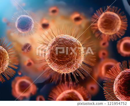 Microscopic view of viruses and bacteria as a background for scientific, medical, and educational projects, ideal for illustrating microbiology, infections, health concepts, and laboratory research Microscopic view of viruses and bacteria as a background for scientific, medical, and educational projects, ideal for illustrating microbiology, infections, health concepts, and laboratory research 121954752