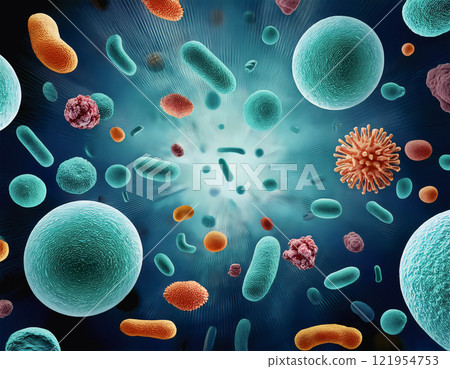 Microscopic view of viruses and bacteria as a background for scientific, medical, and educational projects, ideal for illustrating microbiology, infections, health concepts, and laboratory research Microscopic view of viruses and bacteria as a background for scientific, medical, and educational projects, ideal for illustrating microbiology, infections, health concepts, and laboratory research 121954753