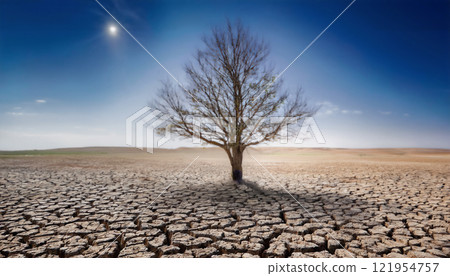Lone dry tree standing in the middle of a vast, cracked, and barren landscape under a clear, sunny sky, symbolizing drought, climate change, and the struggle for survival in harsh environments Lone dry tree standing in the middle of a vast, cracked, and barren landscape under a clear, sunny sky, symbolizing drought, climate change, and the struggle for survival in harsh environments 121954757