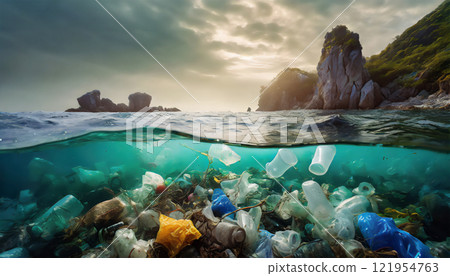 Underwater view of the ocean floor covered with plastic bags, bottles, and trash, highlighting the severe impact of marine pollution on ecosystems and the urgent need for global conservation efforts 121954763