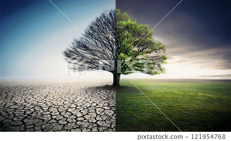 A tree with one side green and vibrant, and the other dry and arid, symbolizing the effects of climate change, drought, and environmental degradation, highlighting the urgent need for conservation A tree with one side green and vibrant, and the other dry and arid, symbolizing the effects of climate change, drought, and environmental degradation, highlighting the urgent need for conservation 121954768