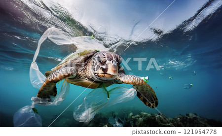 A sea turtle entangled in plastic waste, surrounded by polluted, murky waters, highlighting the devastating impact of ocean pollution on marine life and the urgent need for conservation and action A sea turtle entangled in plastic waste, surrounded by polluted, murky waters, highlighting the devastating impact of ocean pollution on marine life and the urgent need for conservation and action 121954778