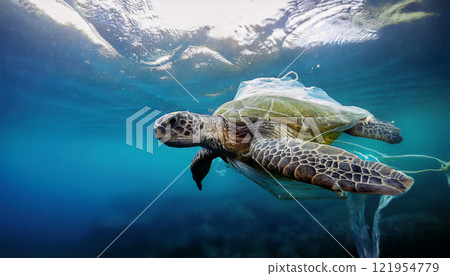 A sea turtle entangled in plastic waste, surrounded by polluted, murky waters, highlighting the devastating impact of ocean pollution on marine life and the urgent need for conservation and action 121954779
