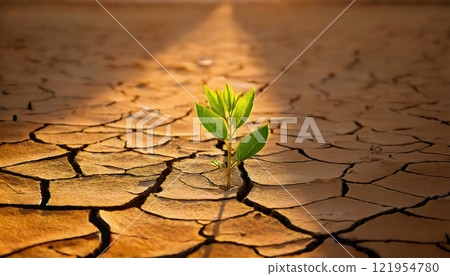 A small plant growing from cracked, dry soil caused by drought, symbolizing resilience and hope amidst climate change, water scarcity, and environmental challenges A small plant growing from cracked, dry soil caused by drought, symbolizing resilience and hope amidst climate change, water scarcity, and environmental challenges 121954780