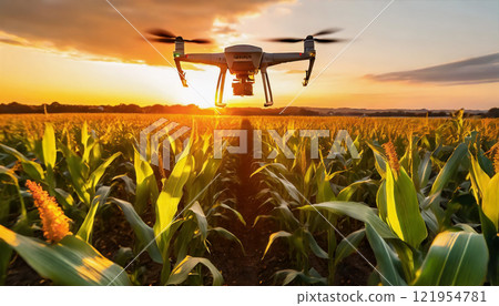 An agricultural drone flying over a green cornfield, showcasing precision farming technology, crop monitoring, and sustainable agricultural innovation An agricultural drone flying over a green cornfield, showcasing precision farming technology, crop monitoring, and sustainable agricultural innovation 121954781