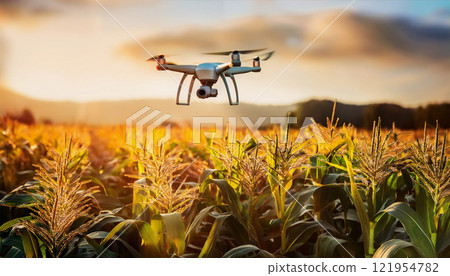 A drone flying over a cornfield, illustrating the integration of advanced technology in agriculture for improved crop management and sustainable farming practices 121954782